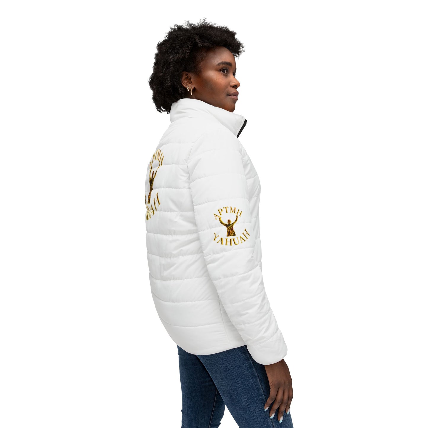 All Praise The Most High Yahuah 01-01 Ladies Designer Puffer Jacket, White