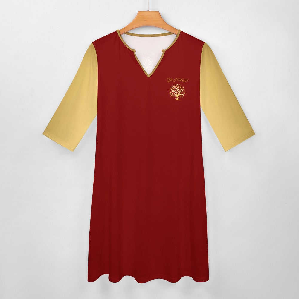 Yahuah-Tree of Life 01 Election Designer V-neck 3/4 Sleeve T-shirt Dress