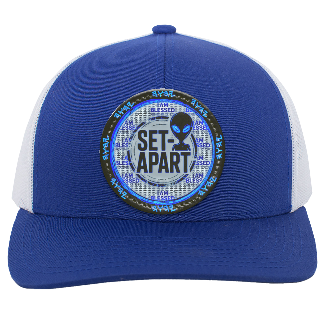 Qadosh Remnant Set-Apart trucker snapback featuring Paleo-Hebrew script, alien emblem, and Jeremiah 17:7 "I AM BLESSED" seal on a royal blue & white trucker snapback.