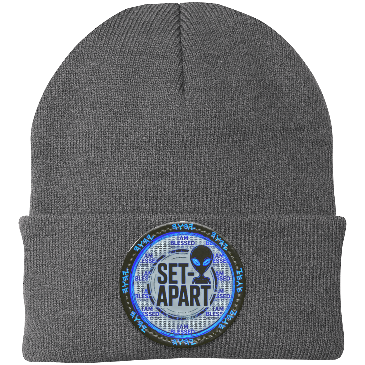 Qadosh Set-Apart Acrylic Cuffed Beanie by TRP. Features a blue "I Am Blessed" Jeremiah 17:7 patch on a grey knit beanie for the Holy Remnant.