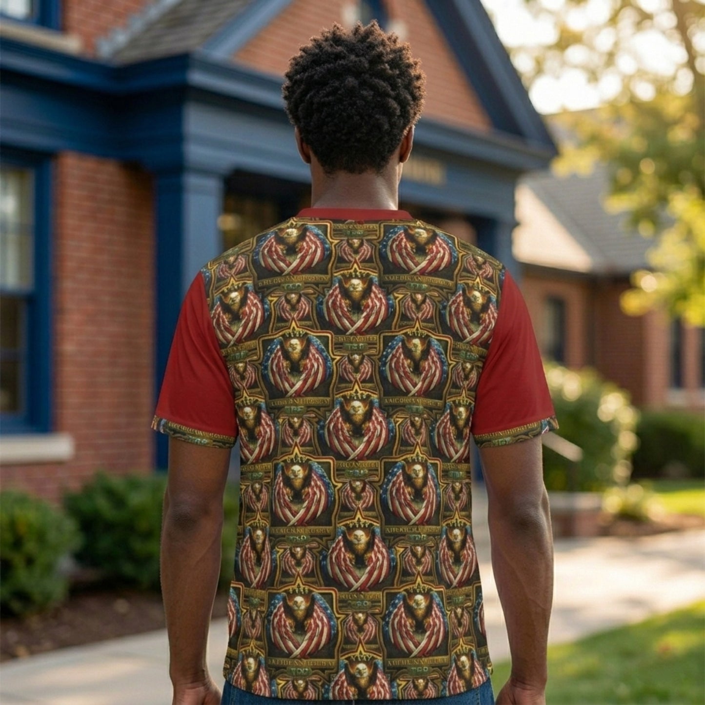 Rear view of the man in the shirt, showing a full back panel covered in a repeated ornate eagle and American flag crest pattern.