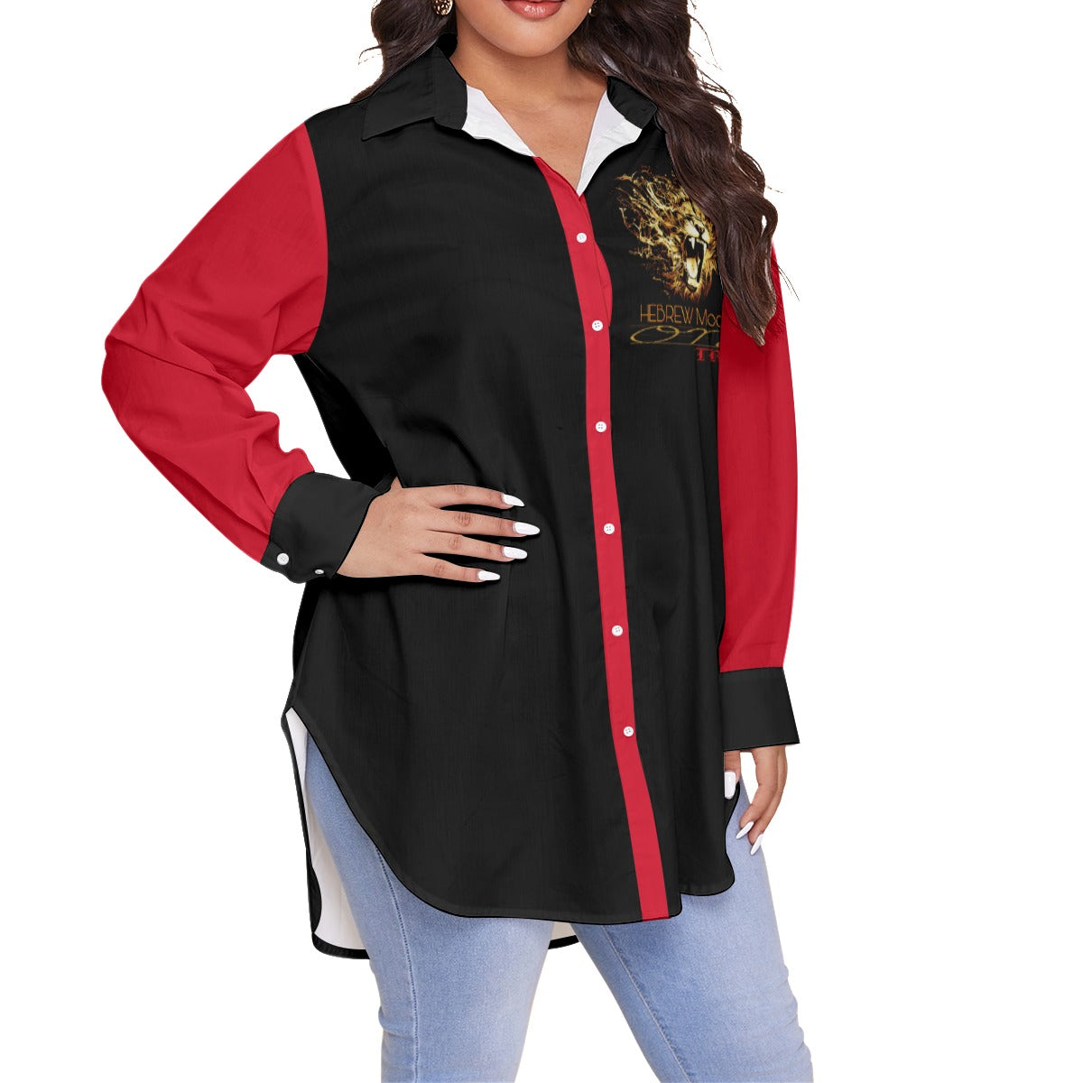 Hebrew Mode - On 02 Designer Curved Hem Button-down Long Sleeve Plus Size Shirt