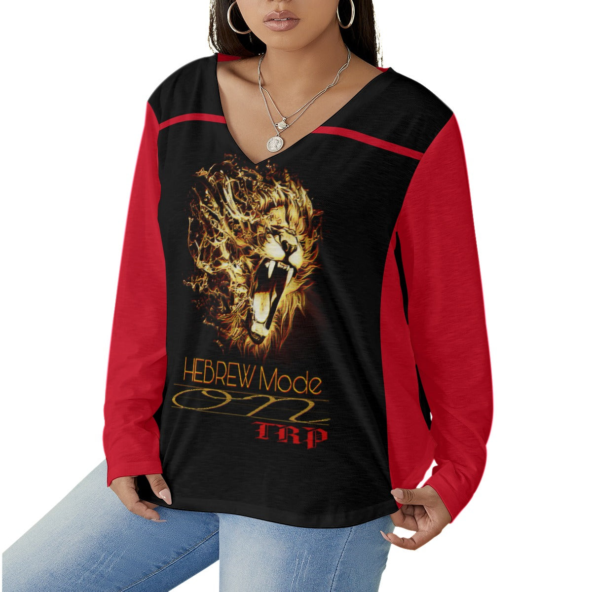Hebrew Mode - On 02 Ladies Designer Long Sleeve V-neck Curved Hem Plus Size Blouse
