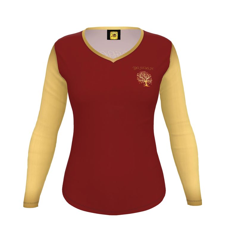 Yahuah-Tree of Life 01 Election Ladies Designer V-neck Slim Fit Long Sleeve Jersey T-shirt