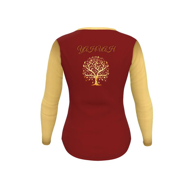 Yahuah-Tree of Life 01 Election Ladies Designer V-neck Slim Fit Long Sleeve Jersey T-shirt
