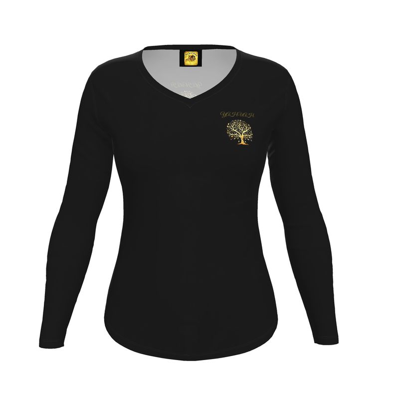 Yahuah-Tree of Life 01-01 Ladies Designer V-neck Slim Fit Long Sleeve Jersey T-shirt