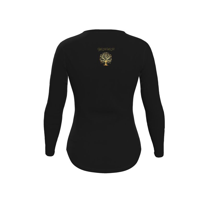 Yahuah-Tree of Life 01-01 Ladies Designer V-neck Slim Fit Long Sleeve Jersey T-shirt