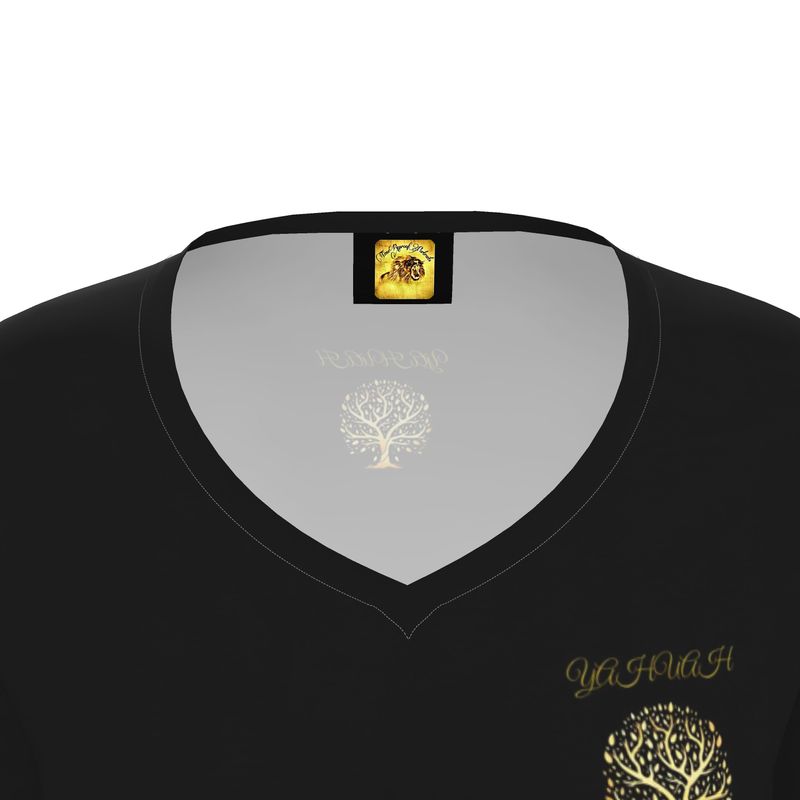 Yahuah-Tree of Life 01-01 Ladies Designer V-neck Slim Fit Long Sleeve Jersey T-shirt