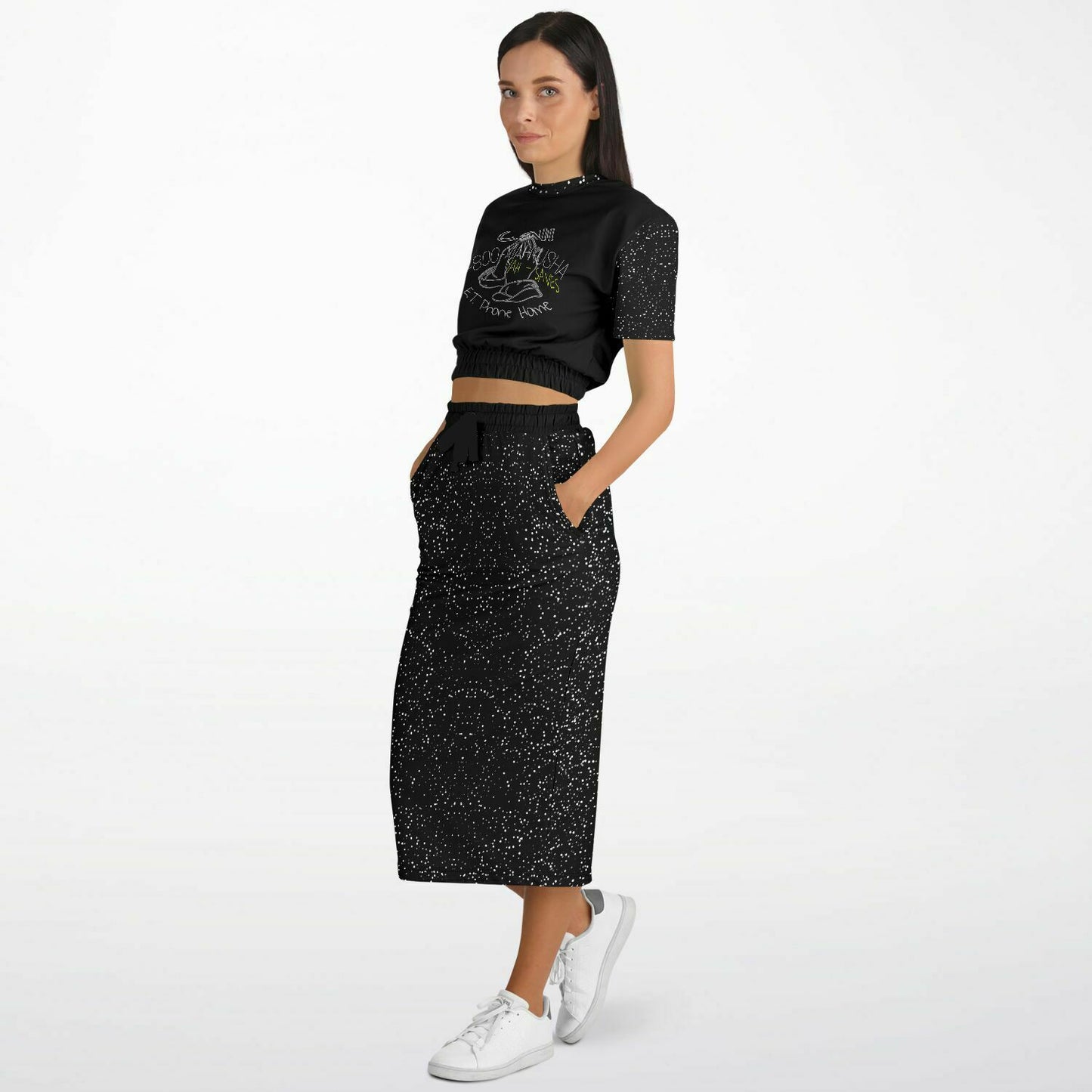 Call Heaven Designer Fashion Triblend Cropped Short Sleeve Sweatshirt and Pocket Maxi Skirt Set