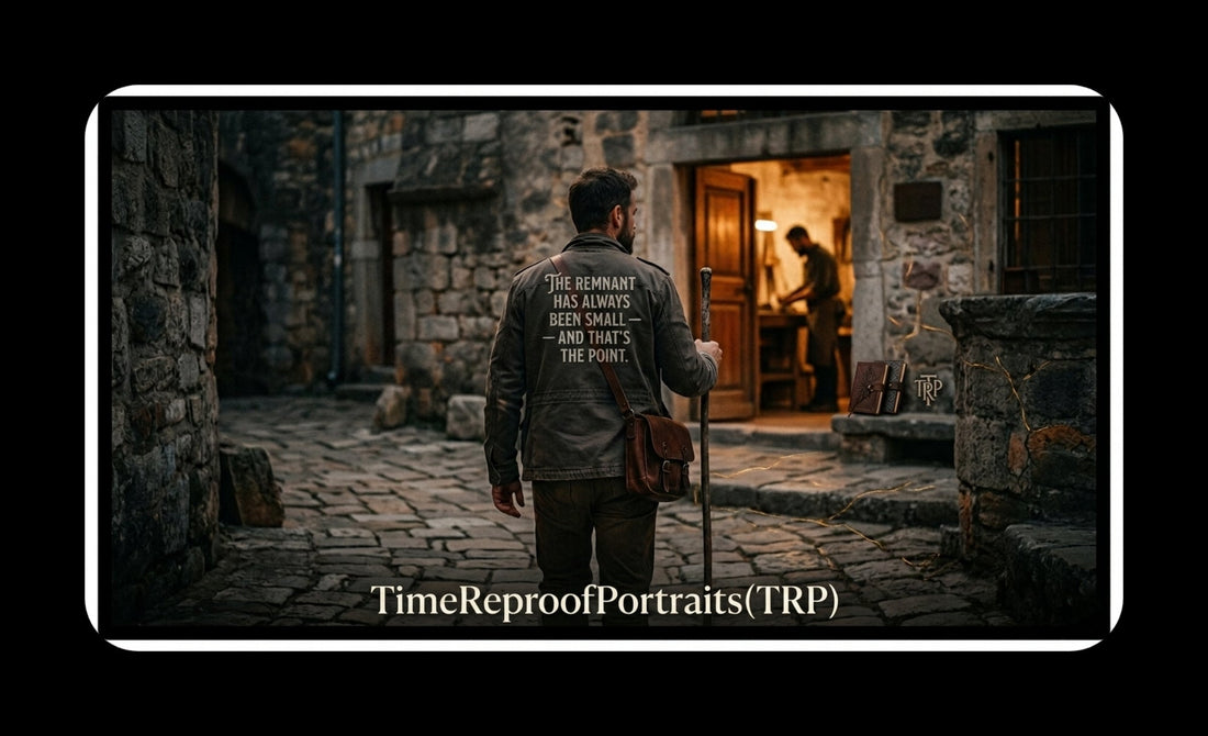 A man in a stone village with a message on his jacket about the faithful "remnant."