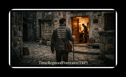 A man in a stone village with a message on his jacket about the faithful "remnant."