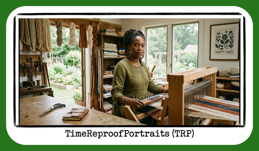 An artisan in a sunlit studio weaves at a loom, framed by a garden view. A thick border at the bottom reads "TimeReproofPortraits (TRP)."