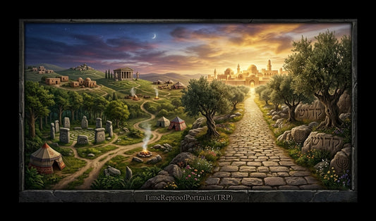 A cobblestone path leading to a golden city, contrasting with ancient stone circles and nature-centric landscapes. Features Hebrew text and "TRP" at the foot.