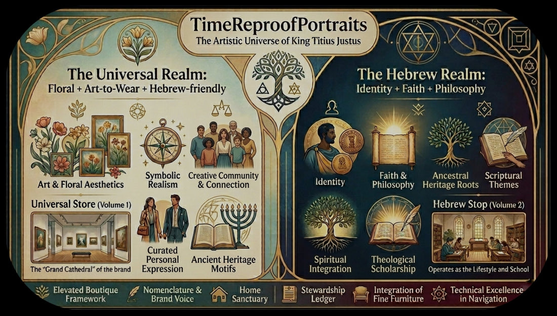 Blueprint of TRP’s dual-realm system: The Universal Realm (Art & Beauty) and The Hebrew Realm (Faith & Heritage), bridging high-end design with spiritual truth.