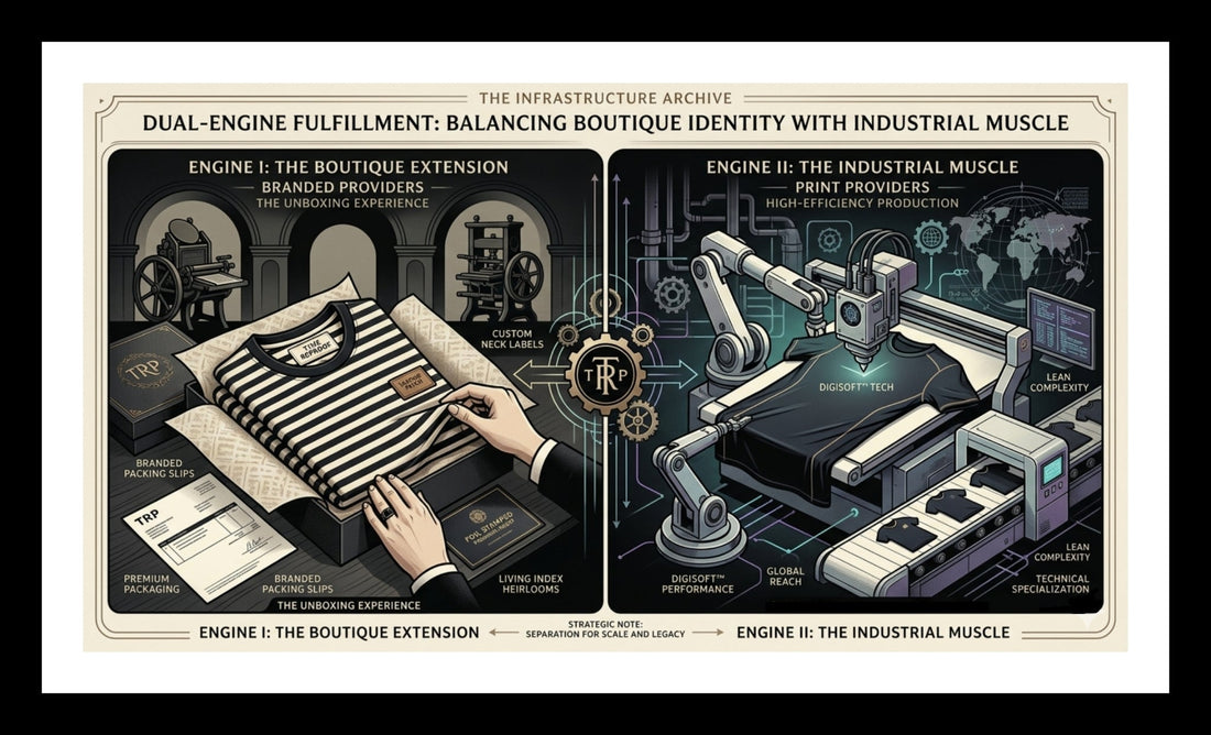 Infographic titled "Dual-Engine Fulfillment" showing "Boutique Extension" (premium unboxing) versus "Industrial Muscle" (high-efficiency robotic production).