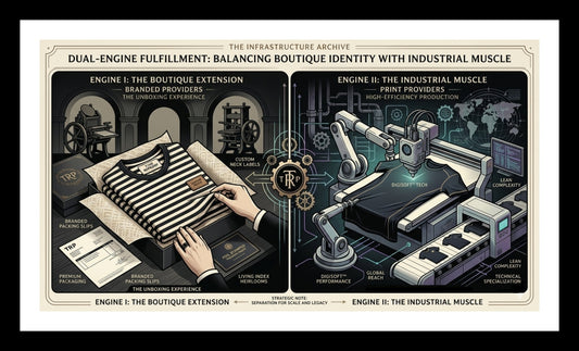 Infographic titled "Dual-Engine Fulfillment" showing "Boutique Extension" (premium unboxing) versus "Industrial Muscle" (high-efficiency robotic production).