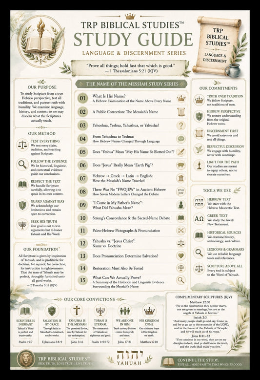 TRP Biblical Studies Messiah Name Study Guide infographic sheet with scriptures and language comparison chart.