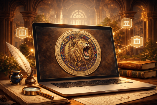 Laptop in a sunlit library showing a "King Titus Justus" lion seal. Surroundings include floating digital icons, a quill, and antique books.