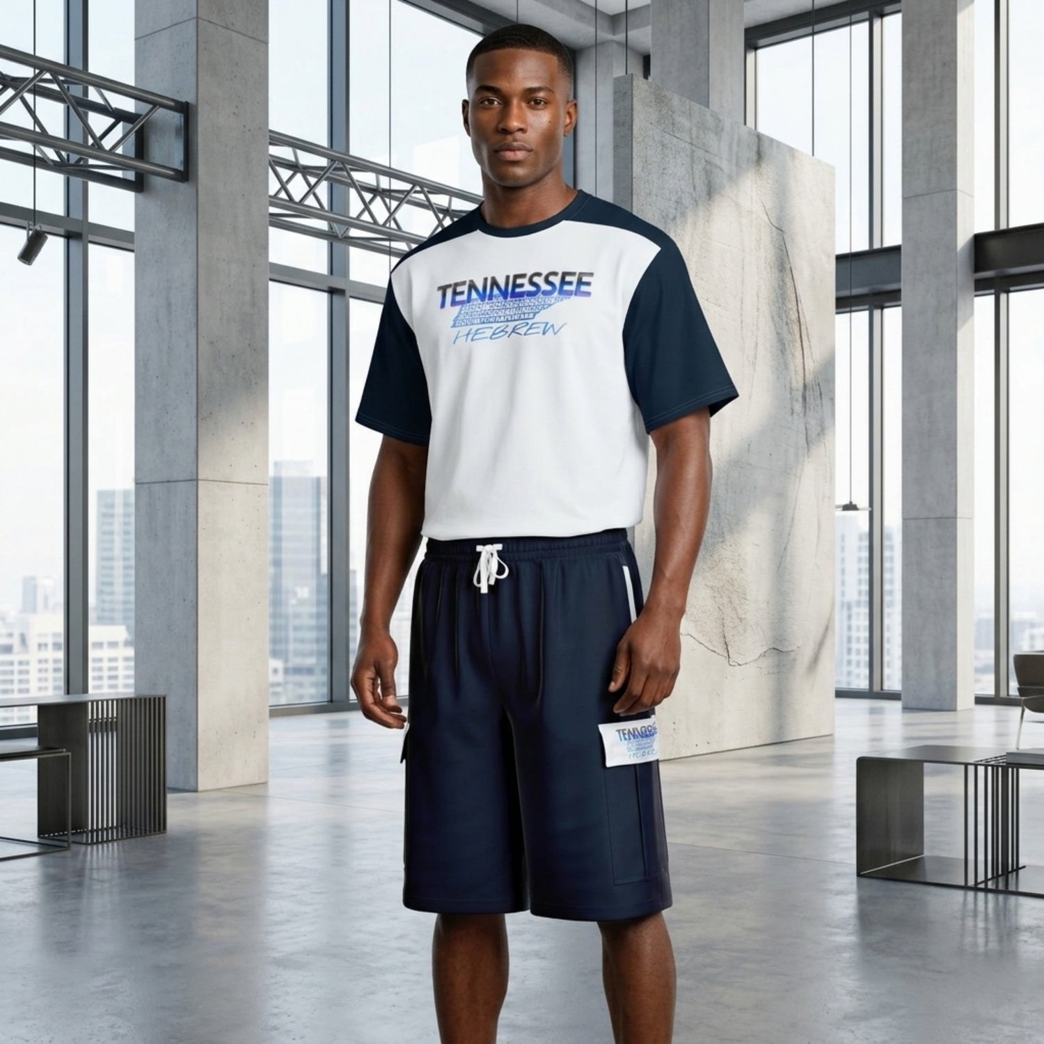 A man in a navy and white t-shirt and cargo shorts stands in a modern concrete and glass loft with city views.