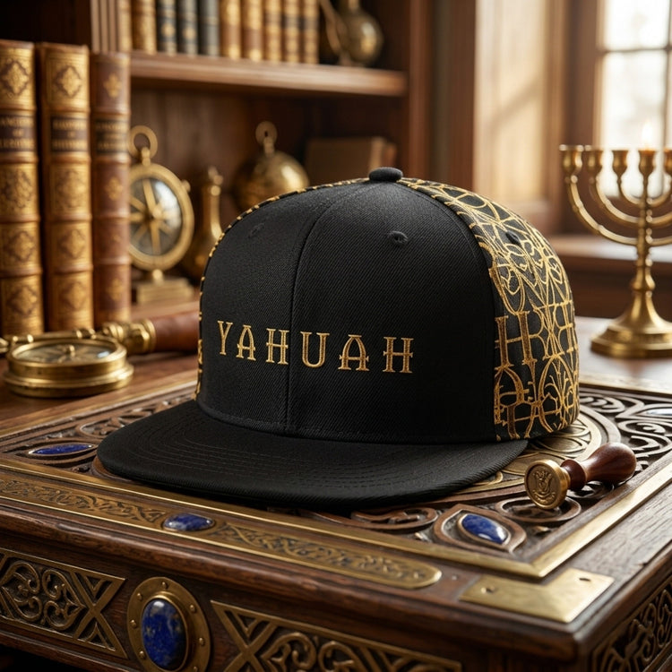 A black flat-brimmed cap with gold "YAHUAH" embroidery and ornate patterns, sitting on a decorative wooden box in a library filled with old books and artifacts.