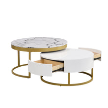 Cargar imagen en el visor de la galería, Modern Round Nesting Coffee Tables with 2 Drawers, Golden+White
