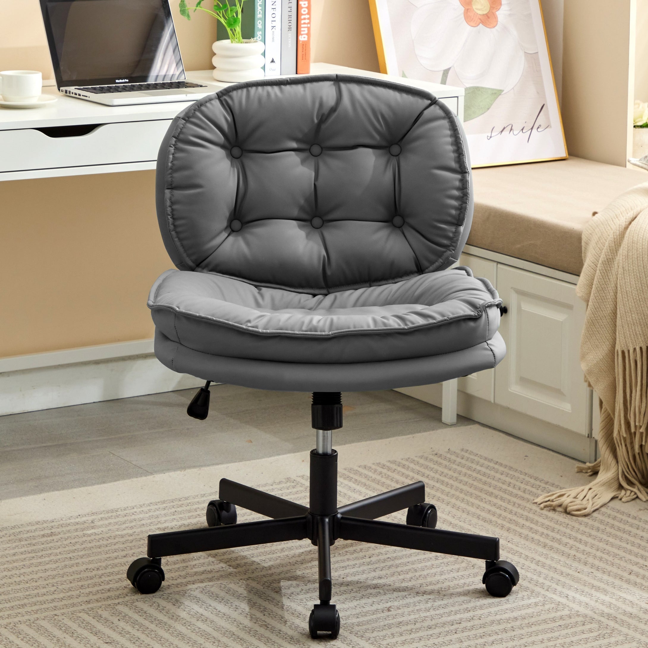 Adjustable Armless Wide PU Leather Swivel Office Chair, Smoke Grey