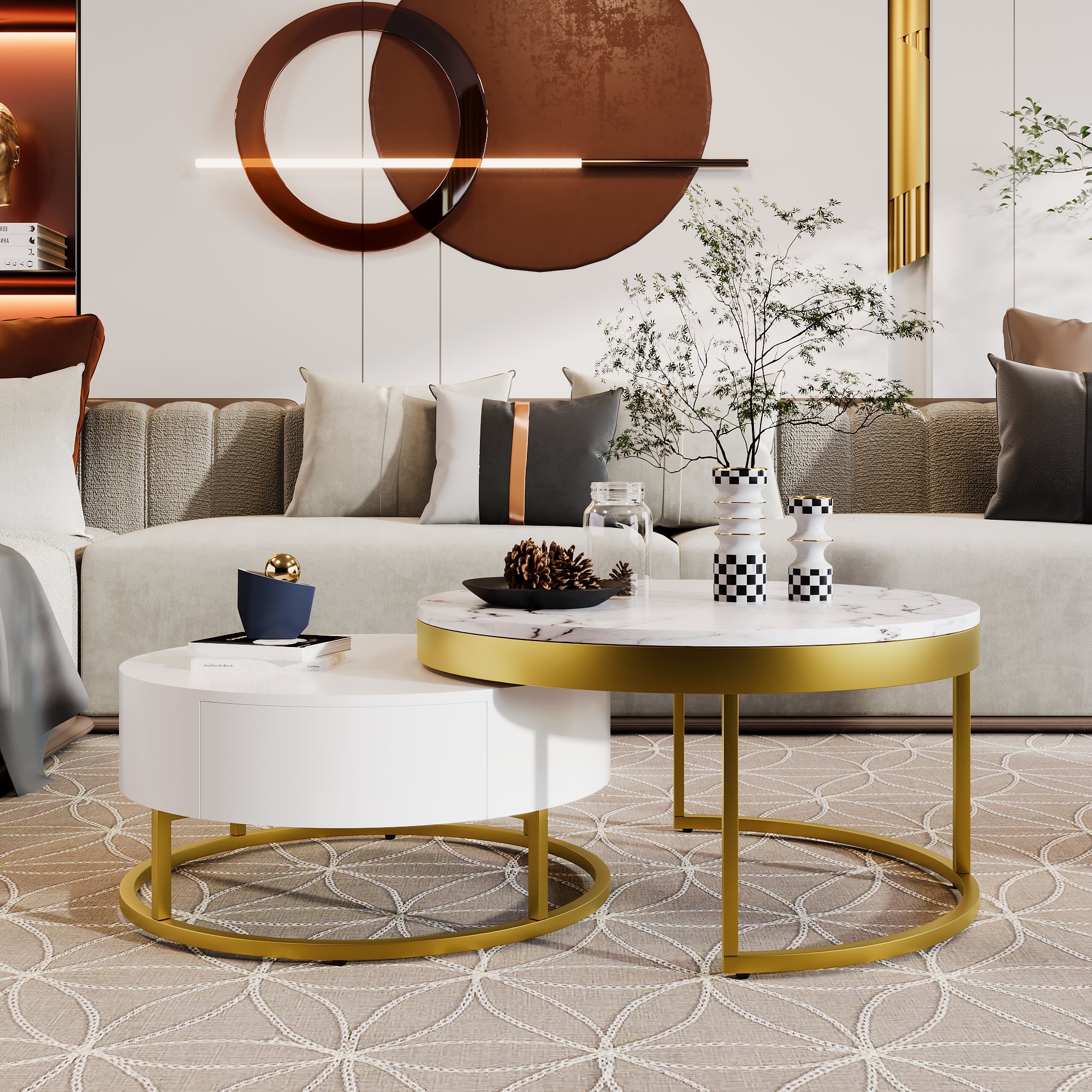 Modern Round Nesting Coffee Tables with 2 Drawers, Golden+White