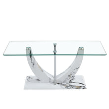 Cargar imagen en el visor de la galería, Transparent Tempered Glass 43 inch Coffee Table with Marble Patterned MDF Legs and Stainless Steel Decorative Columns
