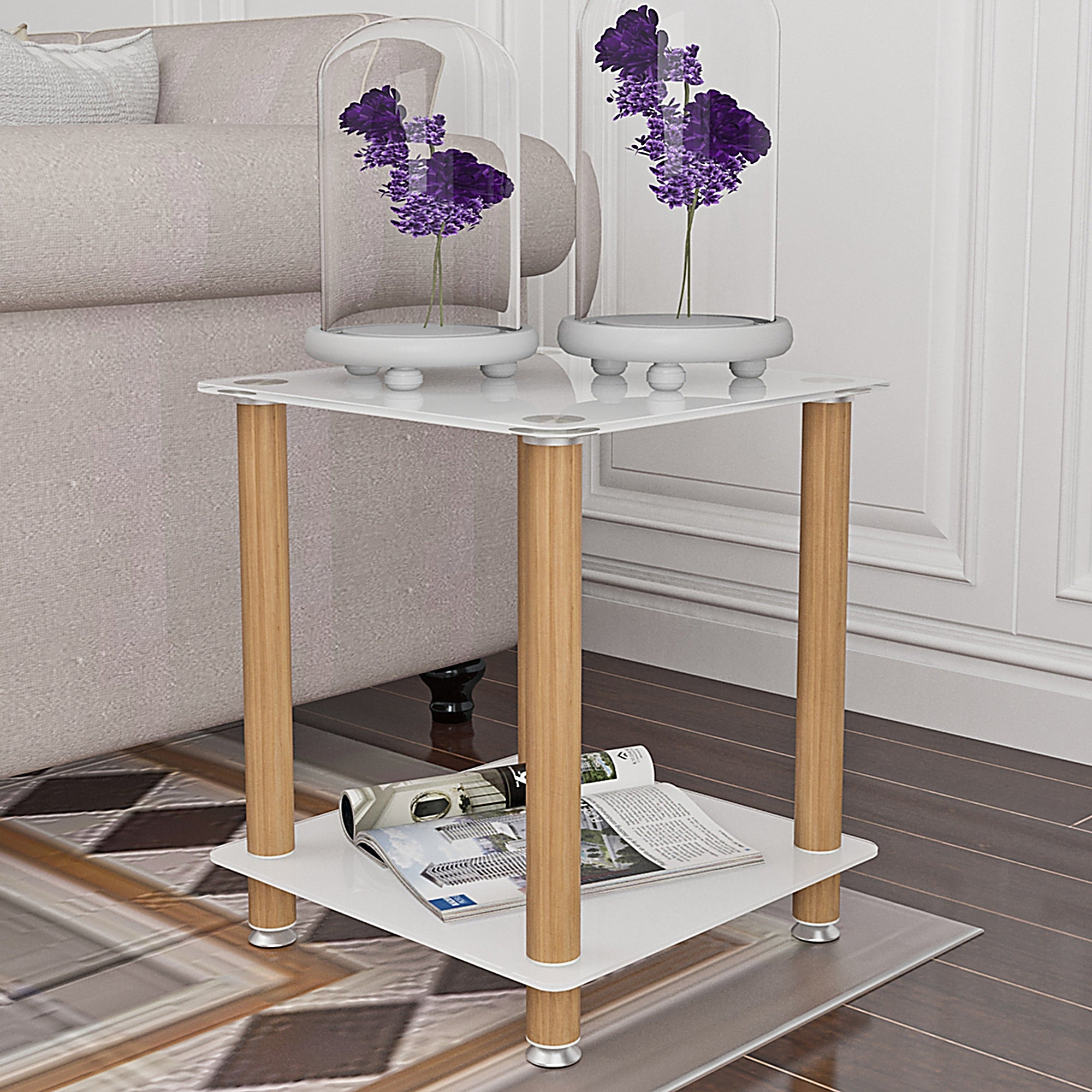 2-Tier End/Side Table with Storage Shelves, White+Oak