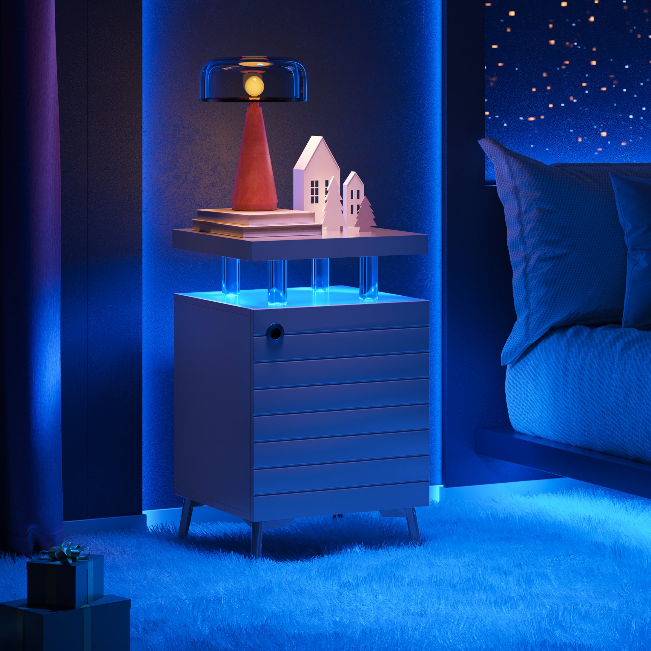 LED Nightstand with 4 Acrylic Columns and Drawers, Blue