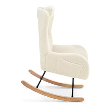 Cargar imagen en el visor de la galería, Adjustable Headrest &amp; Pocket Teddy Upholstered Nursery Rubberwood Rocking Chair with High Backrest, Beige
