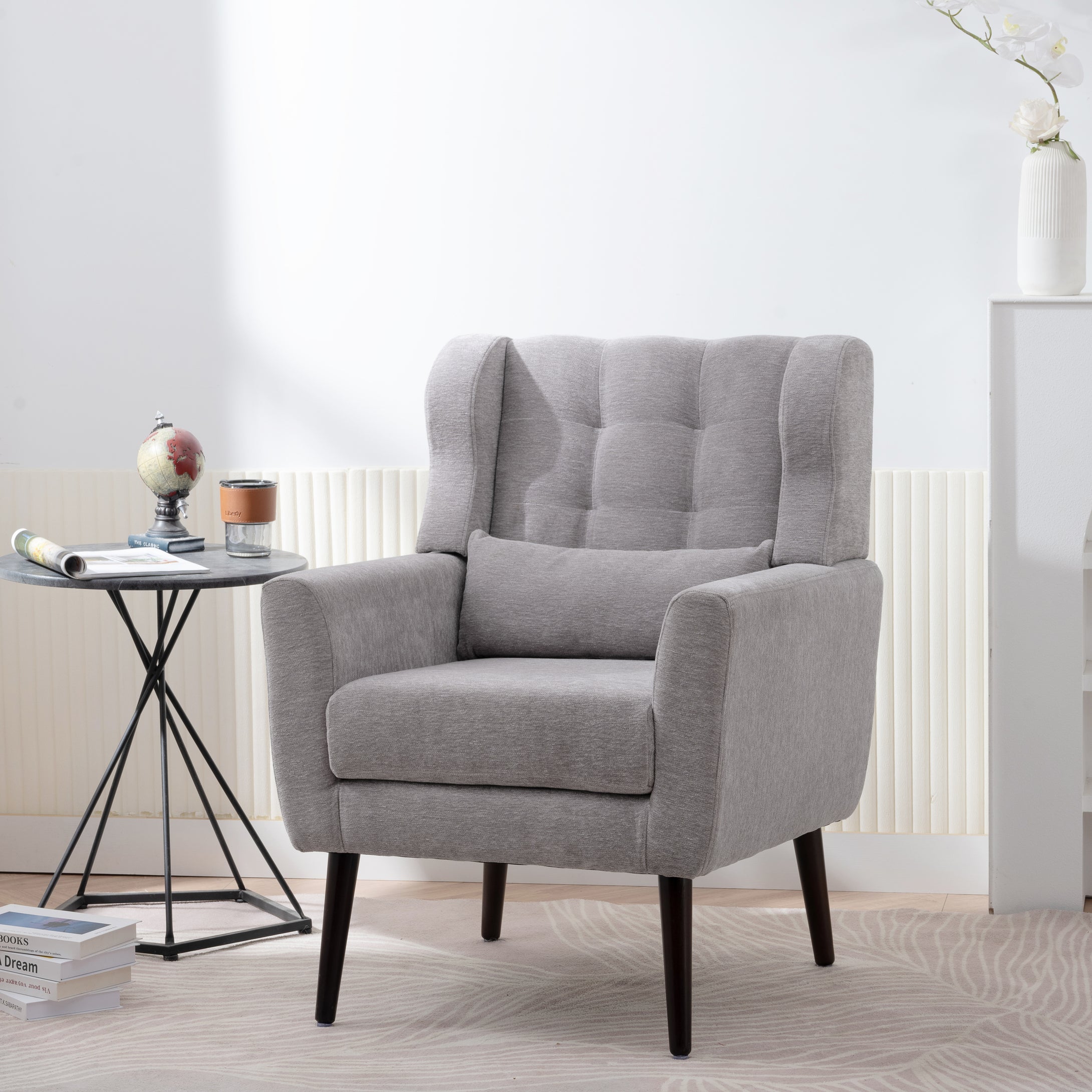 Chenille Accent Armchair with Pillow, Gray