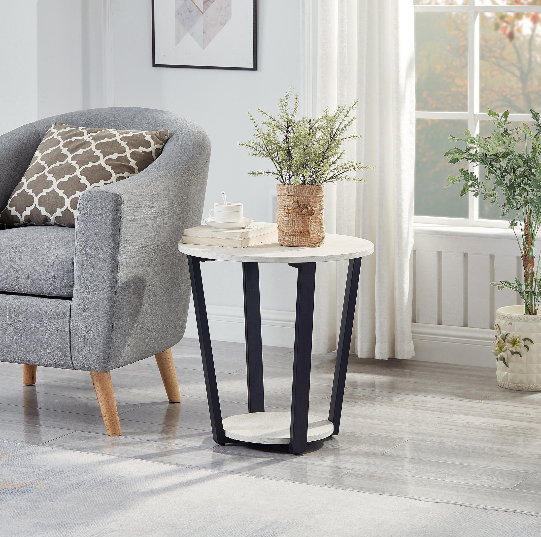 Elysian Contemporary Round End Table with Shelf, Off-White