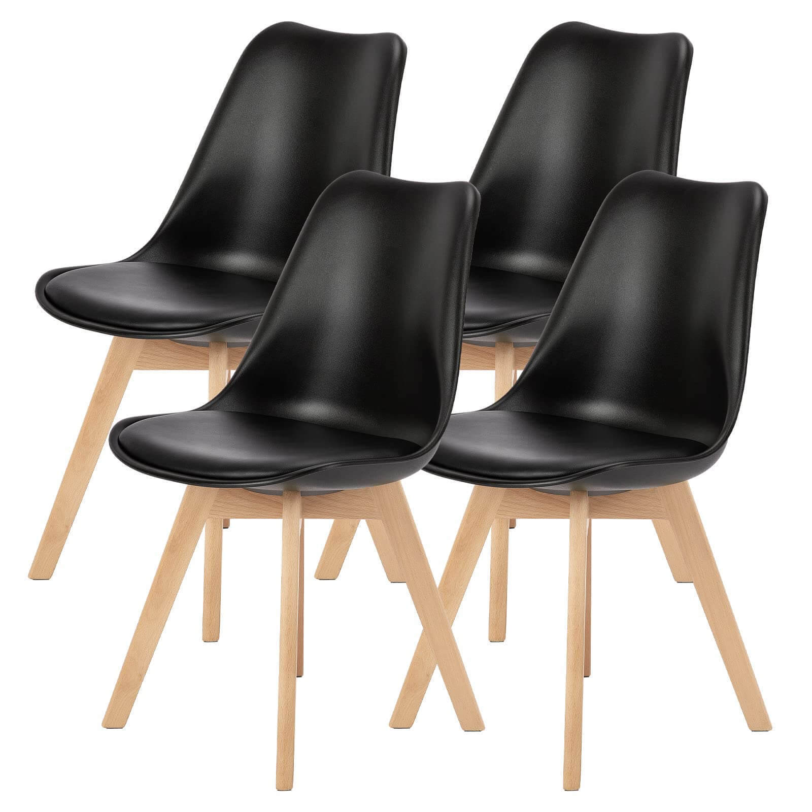 PU Leather Upholstered Dining Chairs with Wood Legs, Set of 4 (Black)