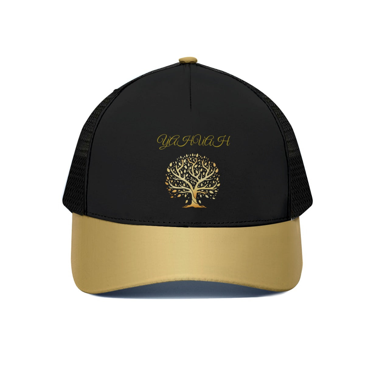 Yahuah-Tree of Life 01 Elect Designer Trucker Cap with Black Half Mesh