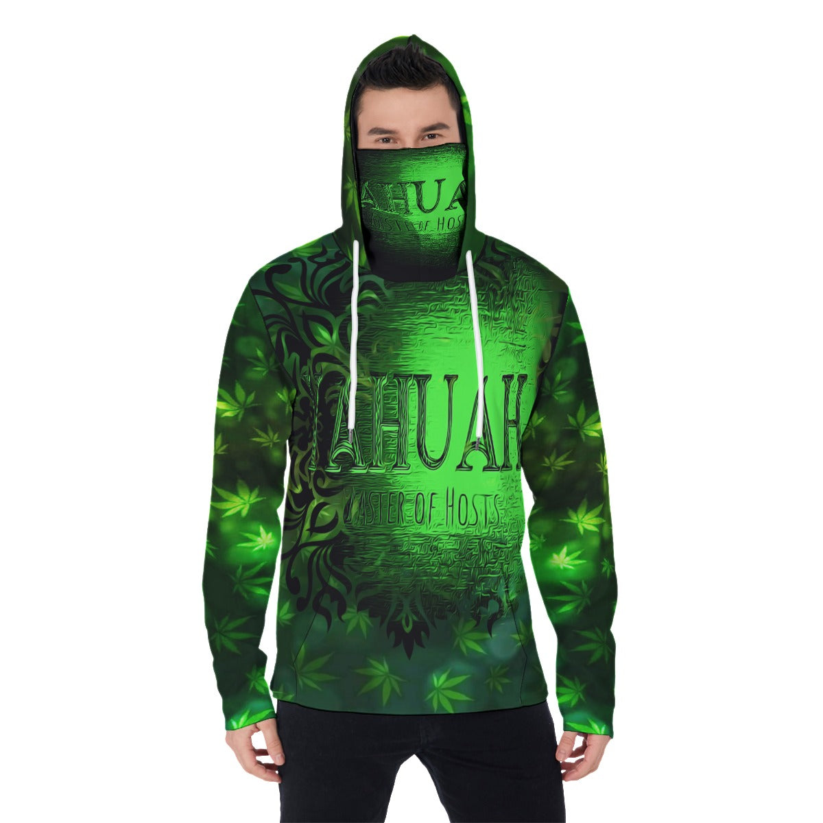 Yahuah-Green Master 01 Men's Designer Pullover Hoodie with Face Mask