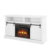 Cargar imagen en el visor de la galería, Mid Century Style Sliding Door Entertainment Center with Storage Cabinet and 23&#39;&#39; Fireplace, Antique White
