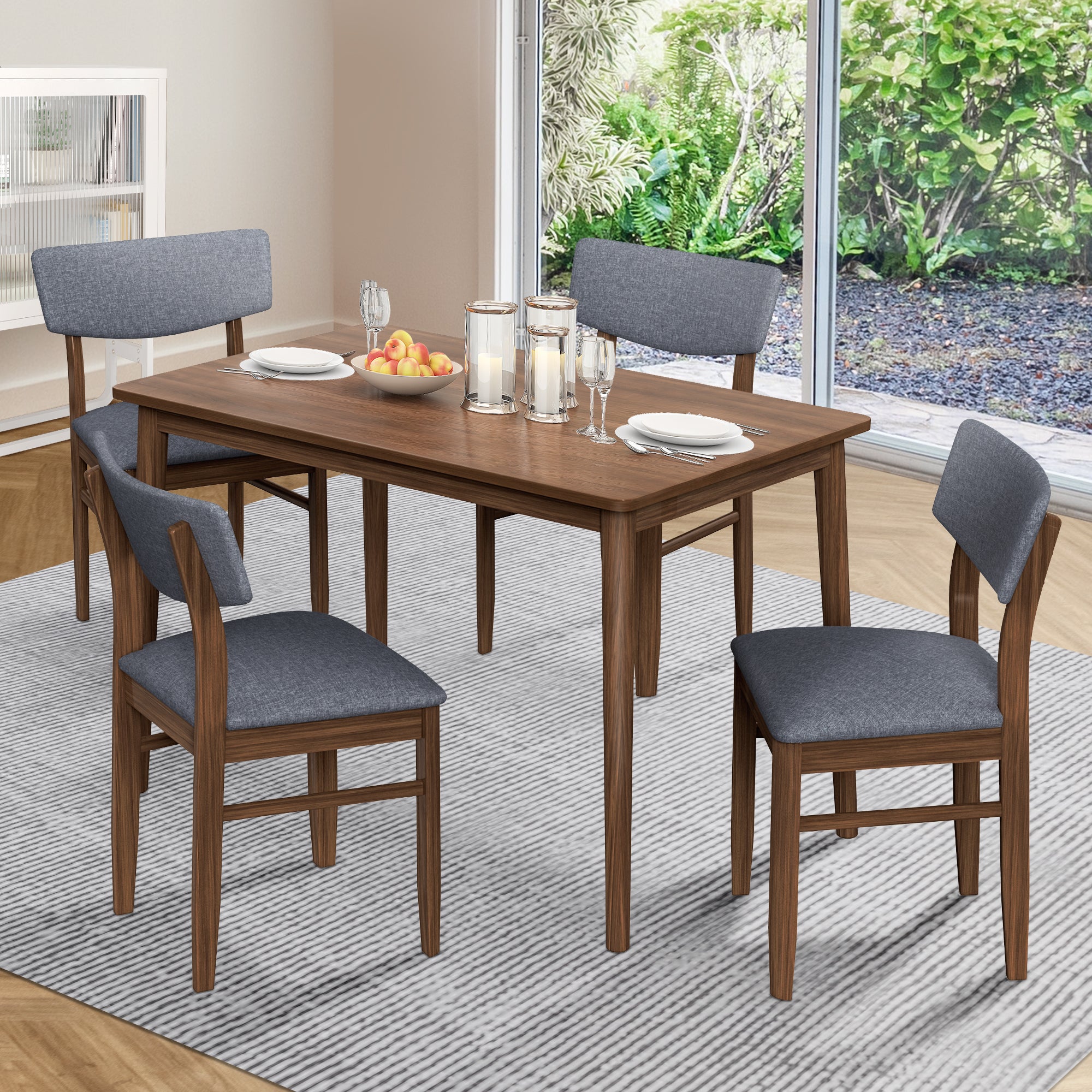 5 Piece Modern Rubberwood Kitchen & Dining Furniture Set with 1 Rectangular Table and 4 Cushioned Chairs, Walnut Color + Grey