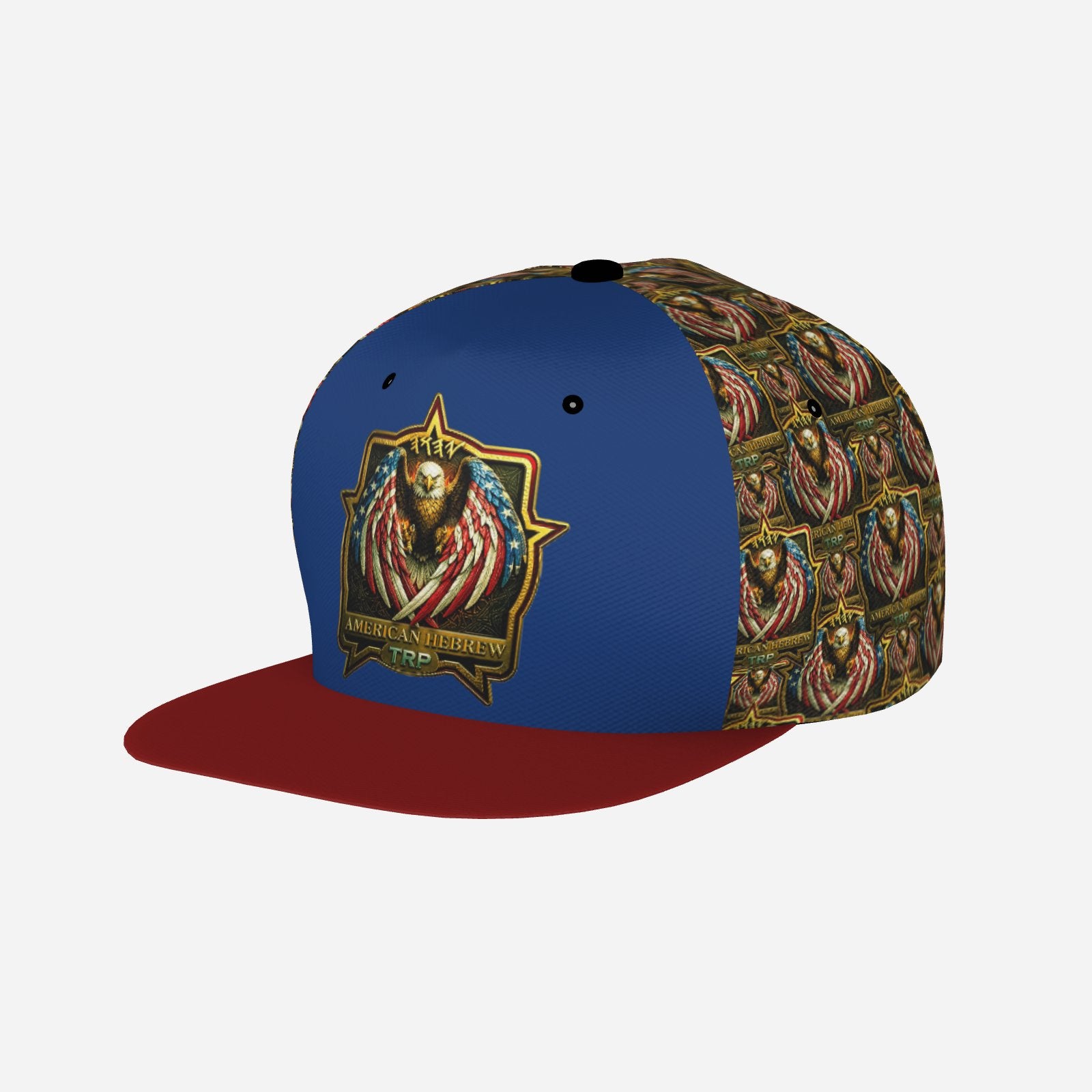 Front view of a blue snapback hat with a red brim. The front panel features a gold crest with an eagle, American flags, and "AMERICAN HEBREW TRP" text.