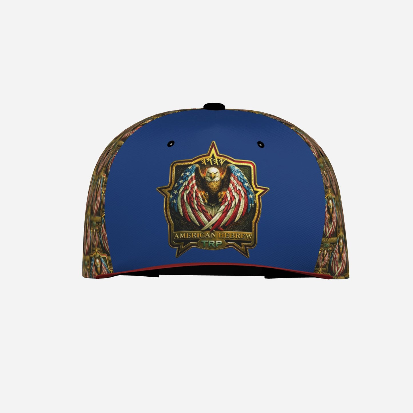 Front view of a blue snapback hat with a red brim. The front panel features a gold crest with an eagle, American flags, and "AMERICAN HEBREW TRP" text.