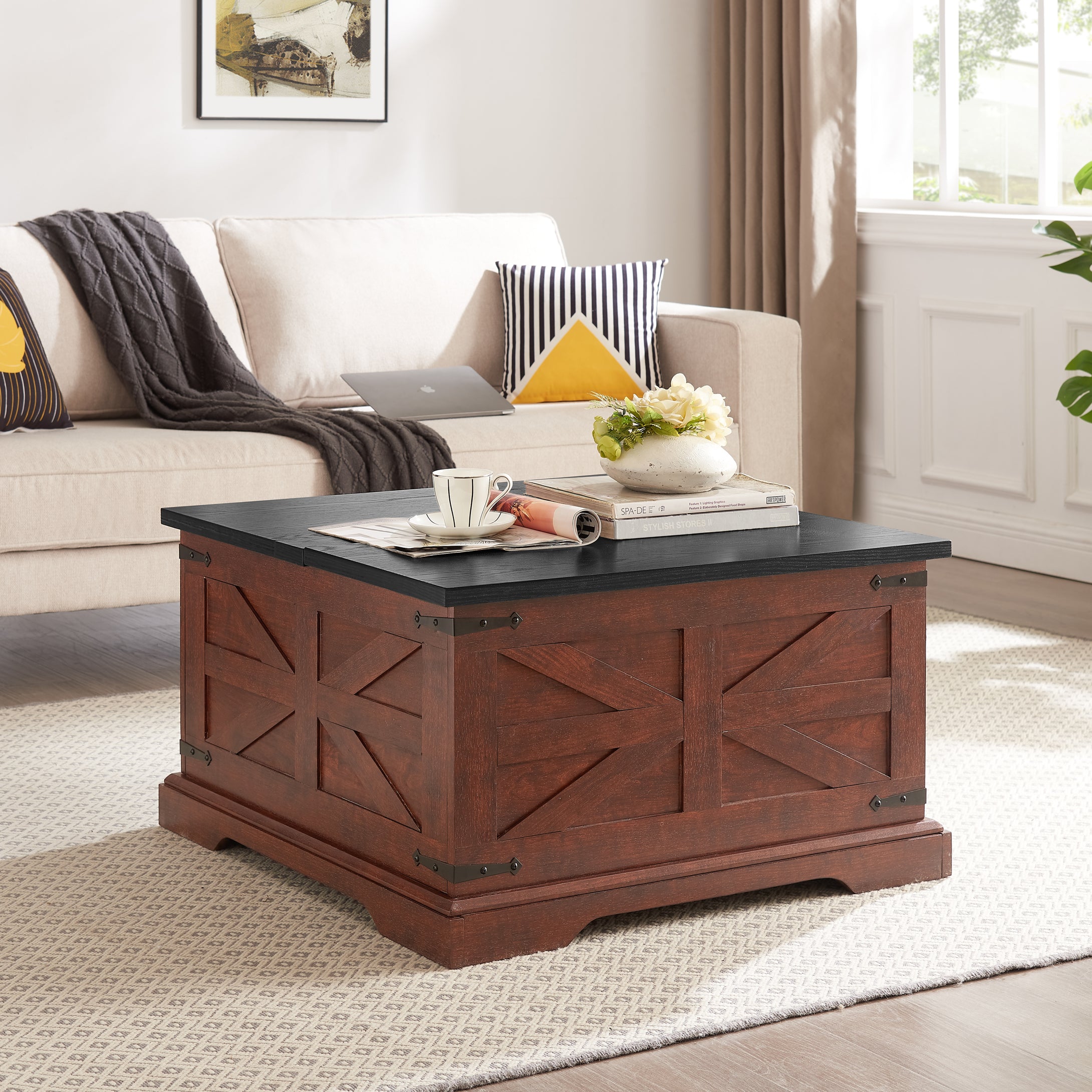 Square Wood Rustic Farmhouse Coffee Table with Large Hidden Storage Compartment and Hinged Lift Top (Oak Color)