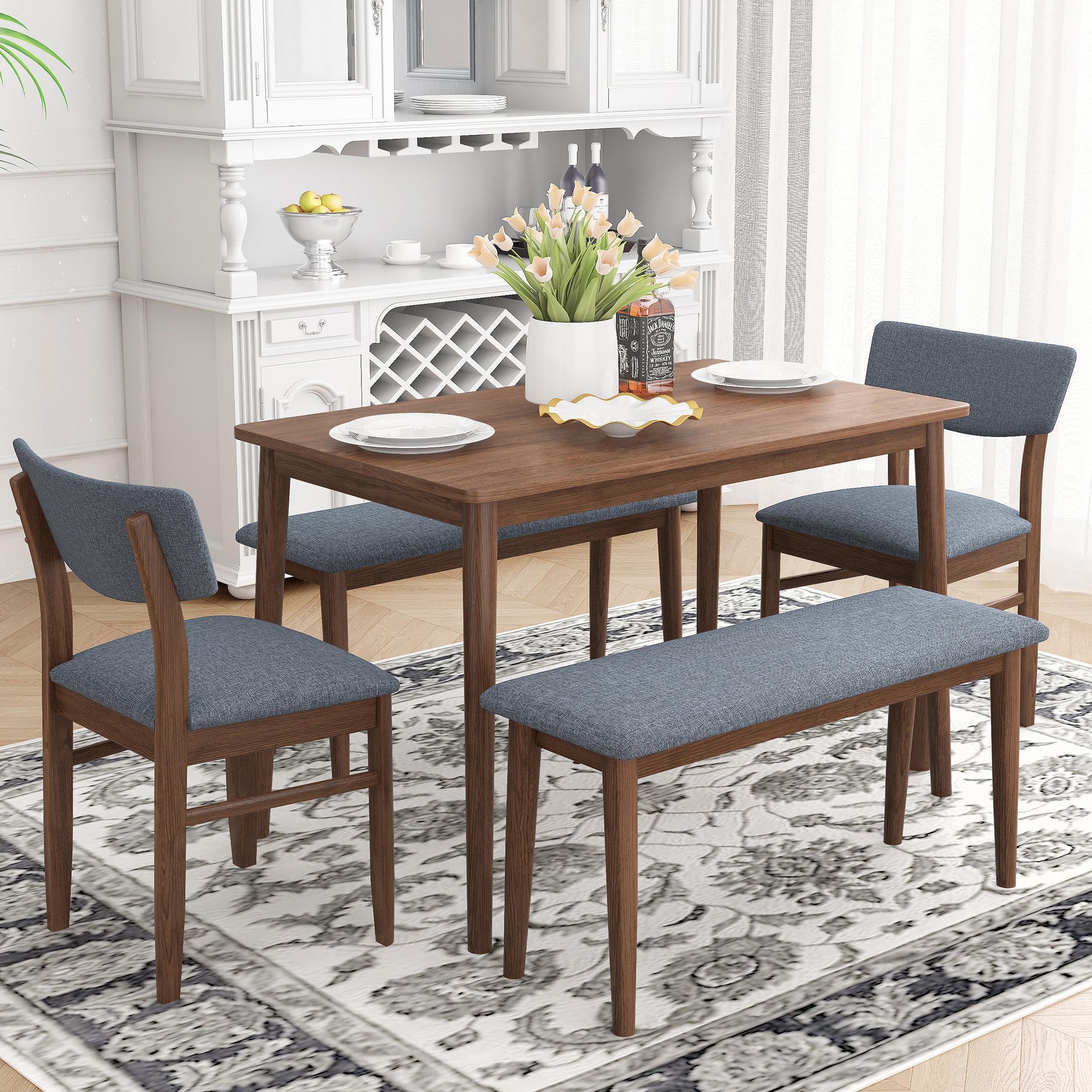 Modern Rubberwood Kitchen and Dining Furniture Set with Table, 2 Cushioned Benches and 2 Cushioned Chairs, Grey