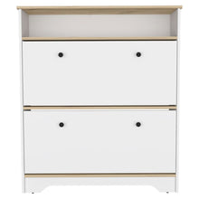Load image into Gallery viewer, Dublin Shoe Rack with One Open Shelf and Two Extendable Cabinets (Light Oak / White Finish)
