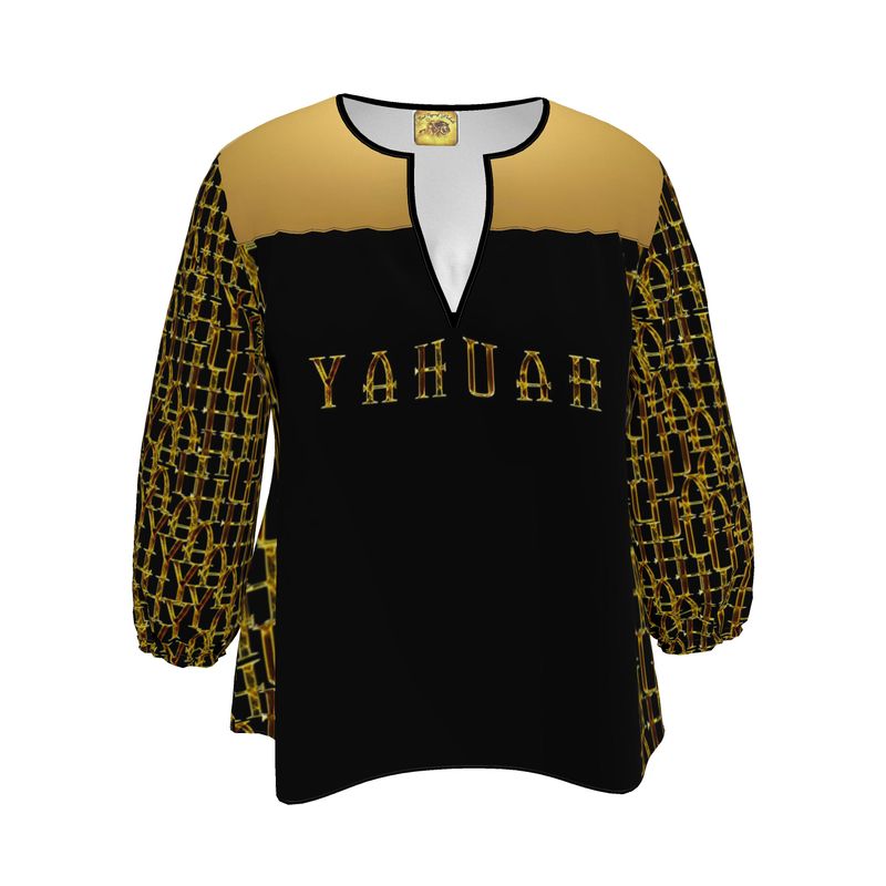 Camo Yahuah 02-01 Designer 3/4 Sleeve Notch Neck Tunic Blouse