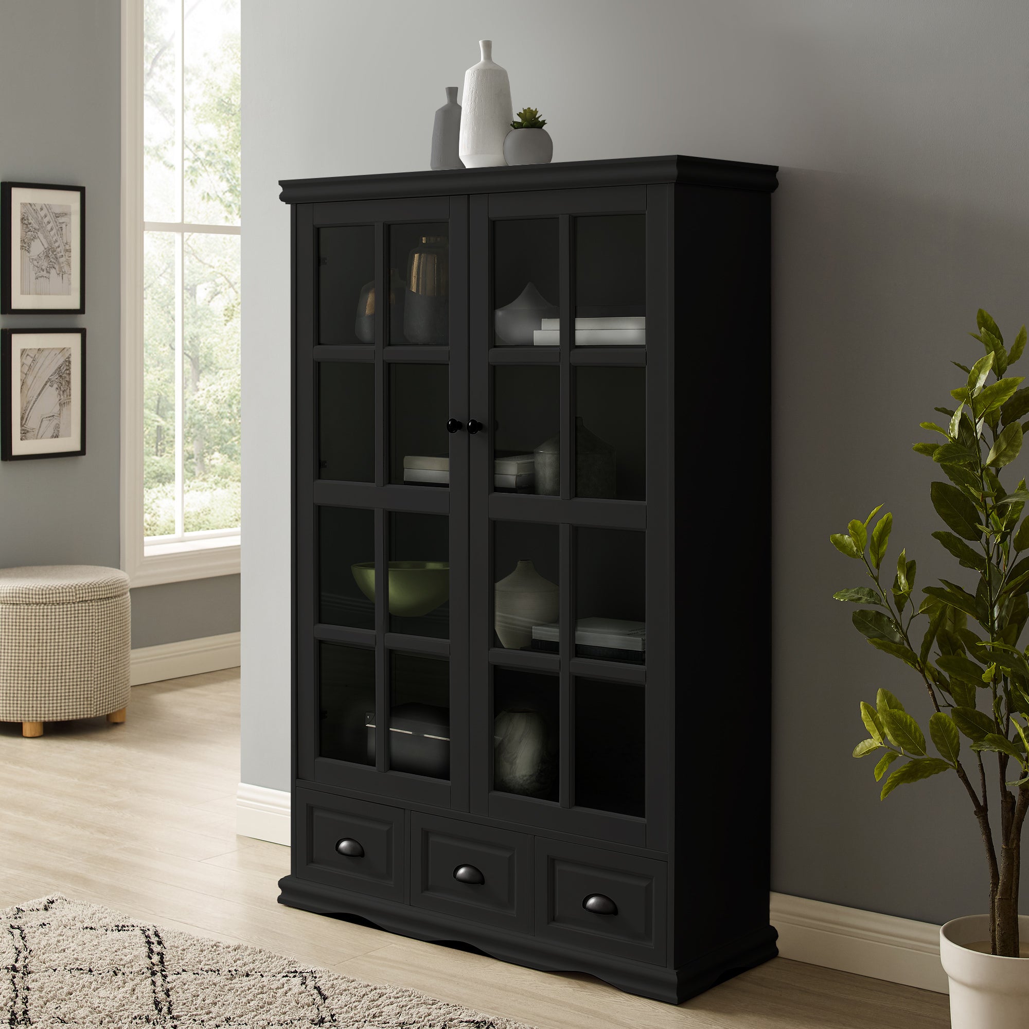 Modern China Cabinet with Tempered Glass Doors, Adjustable Shelf Display and Triple Drawers (Black)