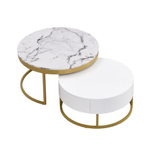 Cargar imagen en el visor de la galería, Modern Round Nesting Coffee Tables with 2 Drawers, Golden+White
