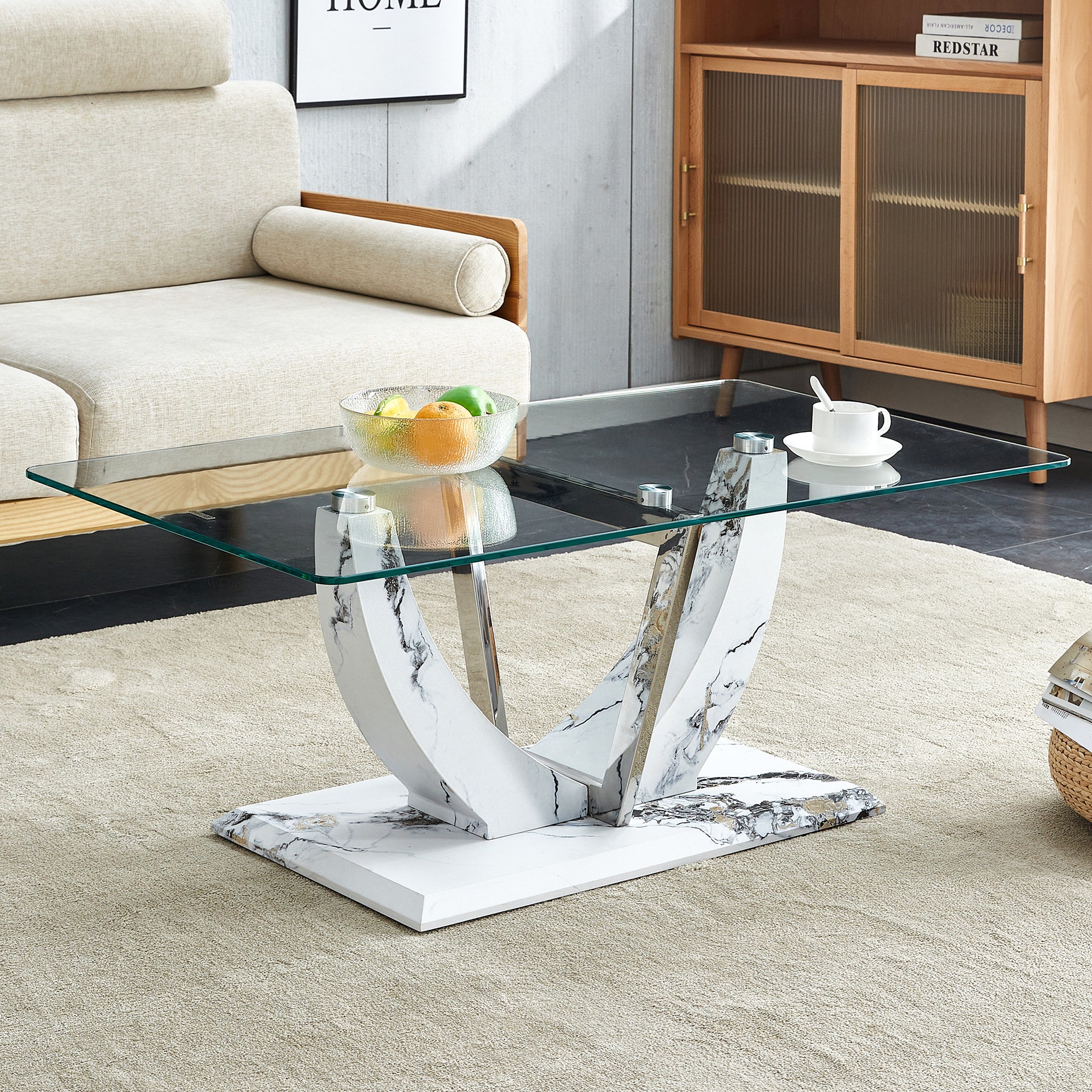 Transparent Tempered Glass 43 inch Coffee Table with Marble Patterned MDF Legs and Stainless Steel Decorative Columns