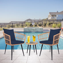 Cargar imagen en el visor de la galería, 3 Piece Bistro Outdoor Patio Furniture Set with PE Rattan Glass Top Coffee Table &amp; 2 Lumbar Cushioned Chairs (Dark Blue)
