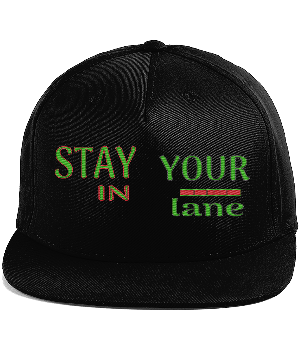 STAY IN YOUR lane 01-01 Designer Embroidered Cotton Twill Flat Brim Baseball Cap (9 colors)