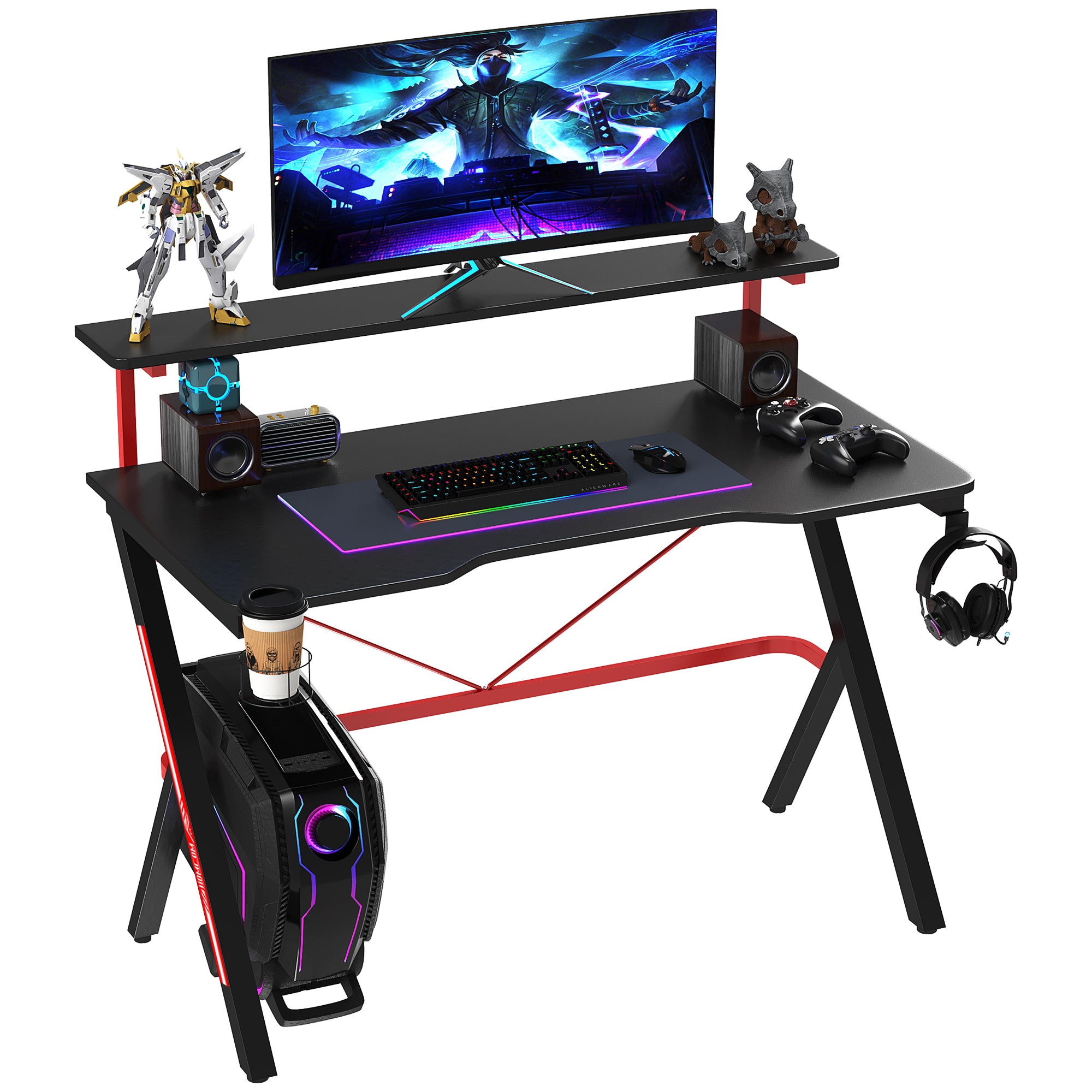 47 inch Computer Gaming Desk with Elevated Monitor Shelf, Rotatable Cup Holder and Headphone Hook, Black